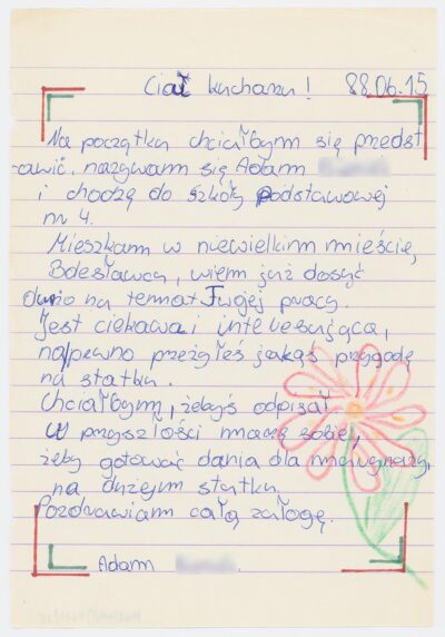 List ucznia Szkoły Podstawowej nr 4 w Bolesławcu do kucharza na drobnicowcu m/s Artur Grottger
